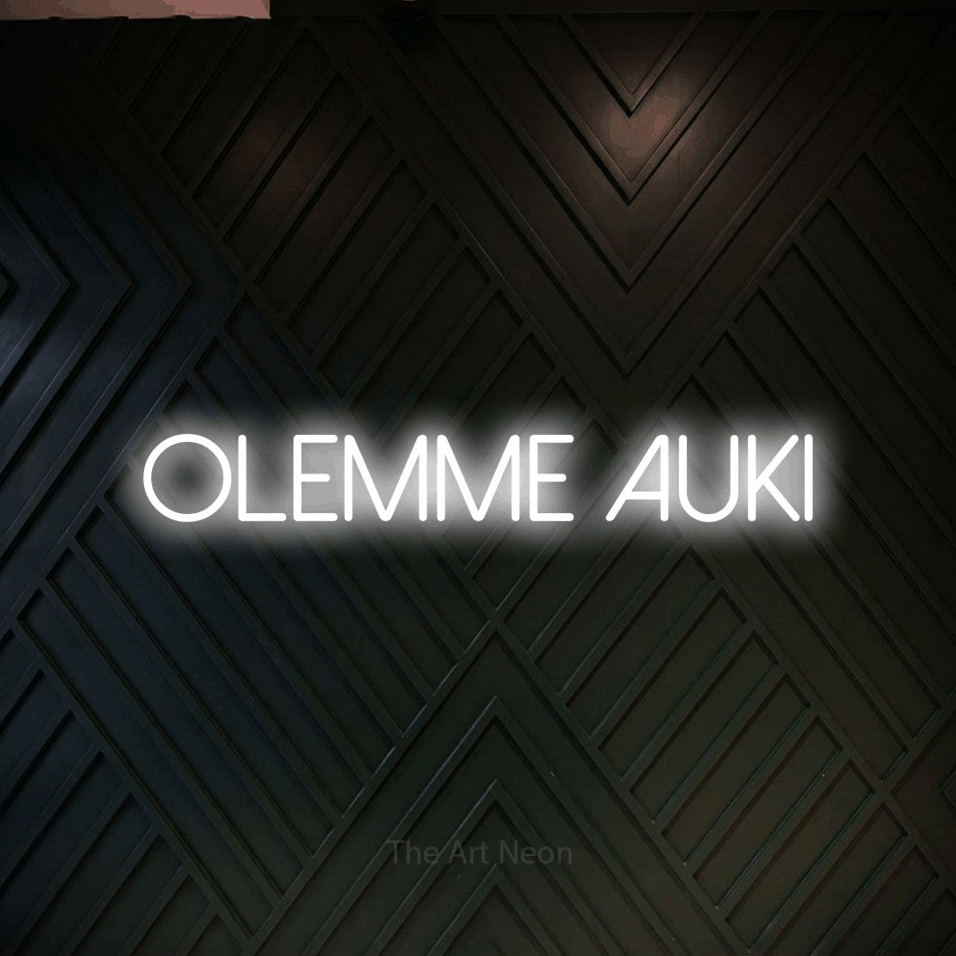 LED neon sign reading “Olemme auki”, arranged in a single line.