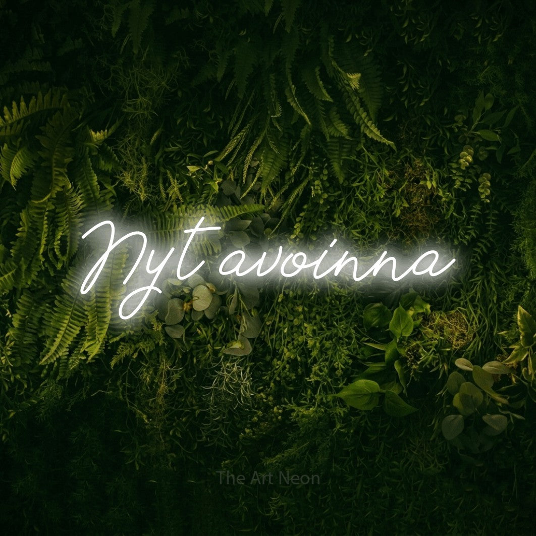 LED neon sign reading “Nyt avoinna”, arranged in a single line.