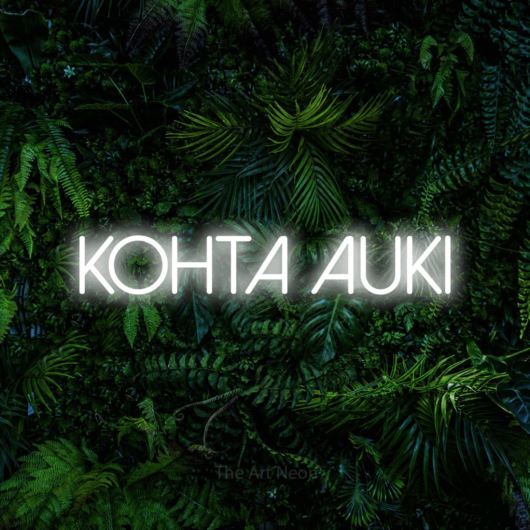 LED neon sign reading “Kohta auki”, arranged in a single line.