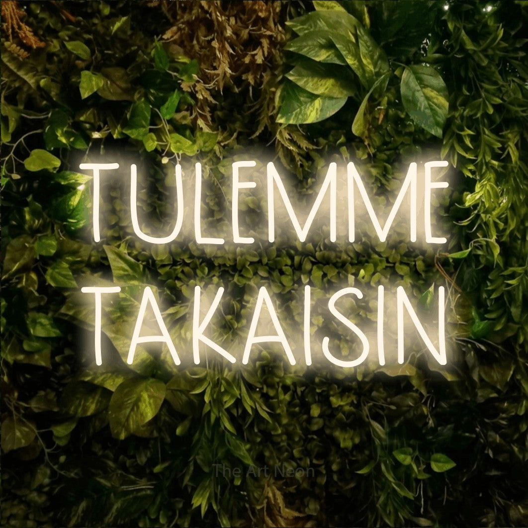 LED neon sign reading “TULEMME TAKAISIN”, arranged in 2 lines.