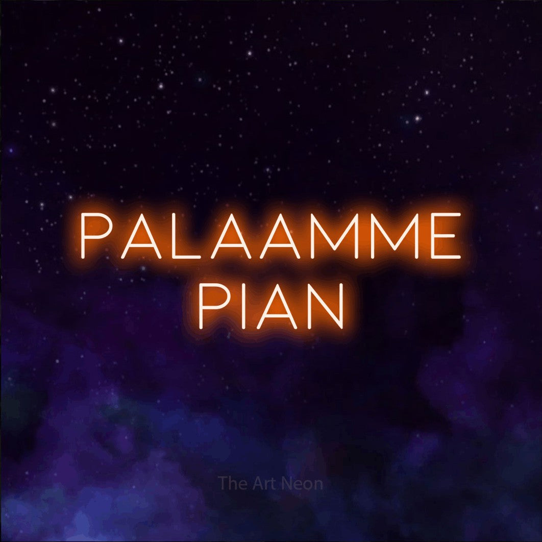 LED neon sign reading “palaamme pian”, arranged in 2 lines.