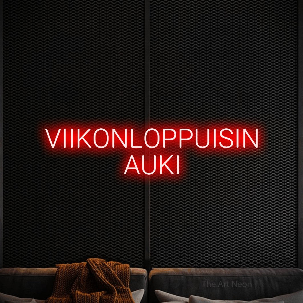 LED neon sign reading “VIIKONLOPPUISIN AUKI”, arranged in 2 lines.