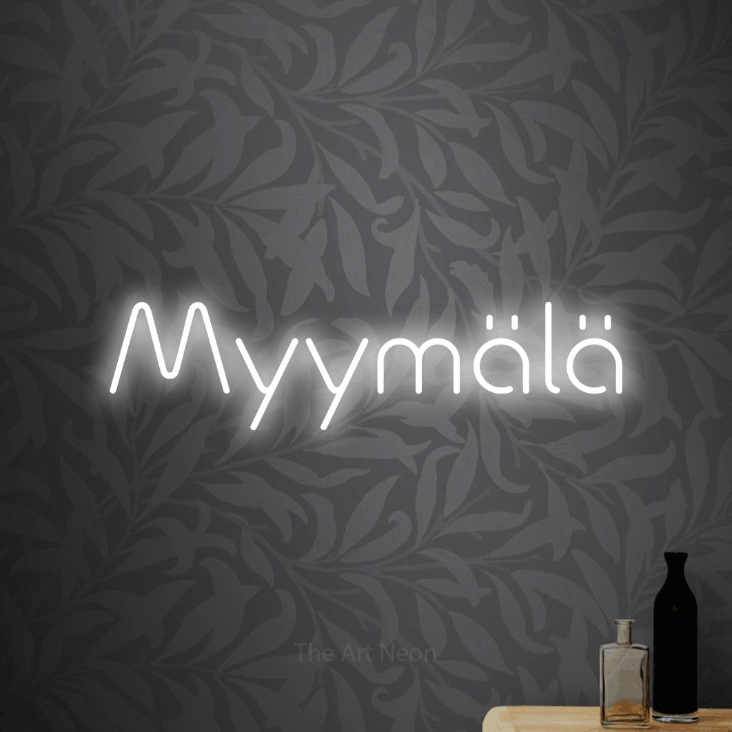 LED neon sign reading “Myymälä”, arranged in a single line.