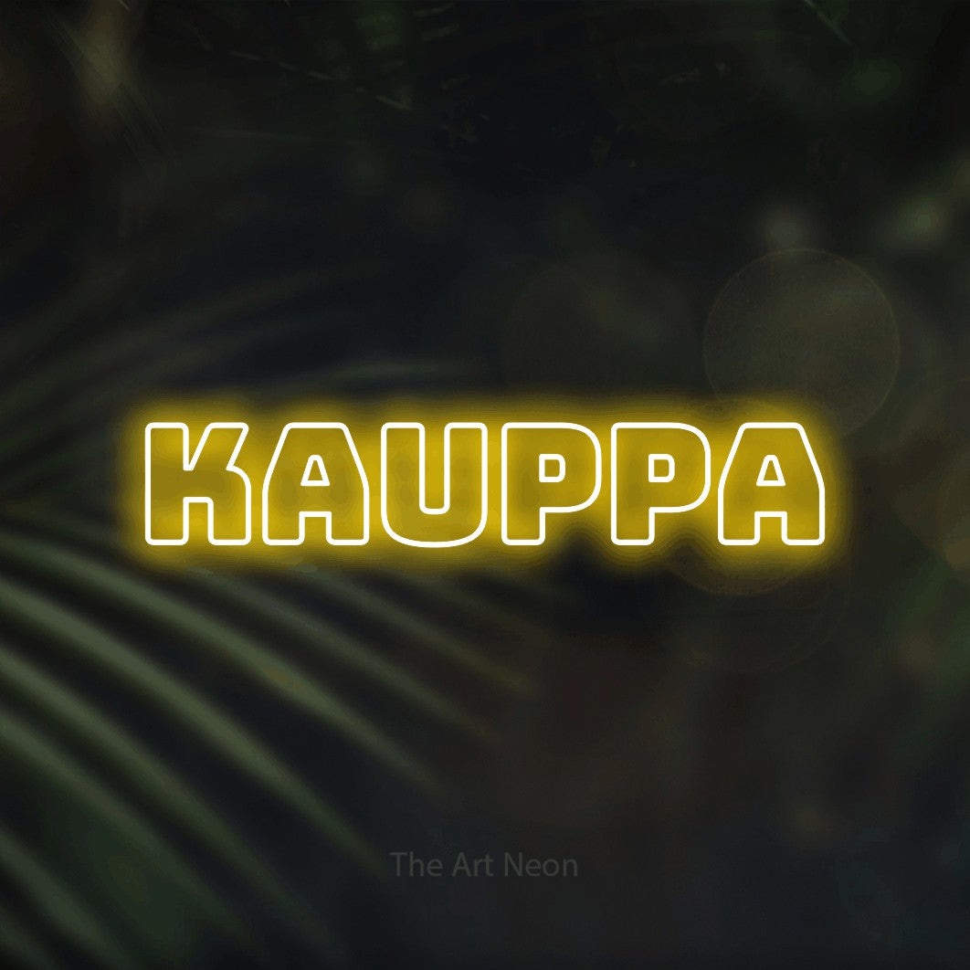 LED neon sign reading “Kauppa”, arranged in a single line.
