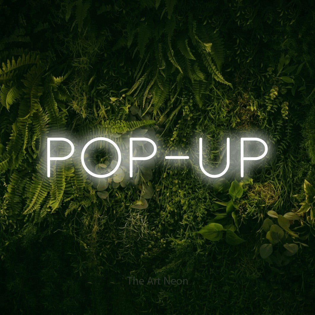 LED neon sign reading “Pop-up”, arranged in a single line.