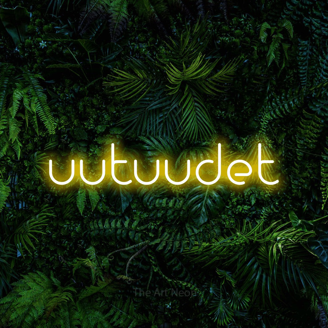 LED neon sign reading “uutuudet”, arranged in a single line.
