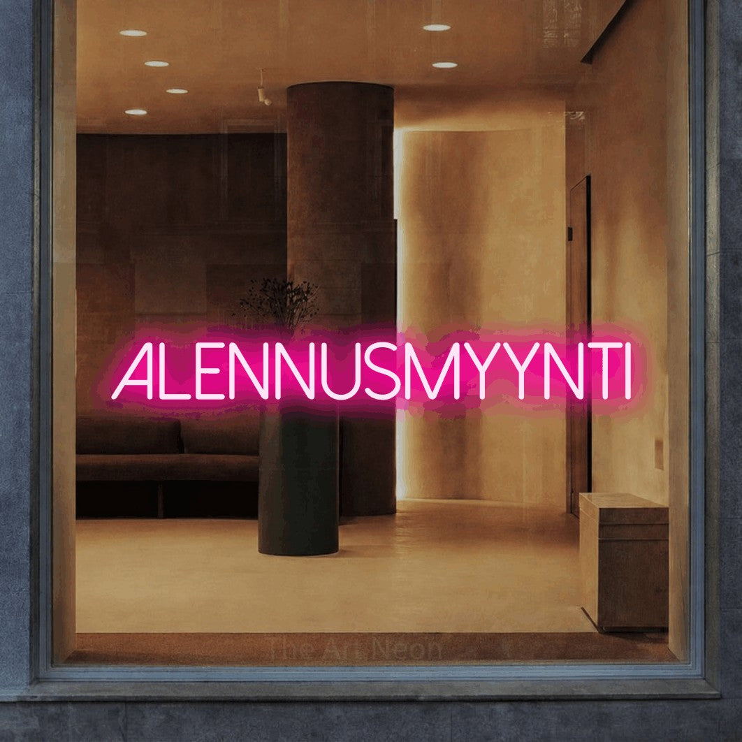 LED neon sign reading “ALENNUSMYYNTI”, arranged in a single line.