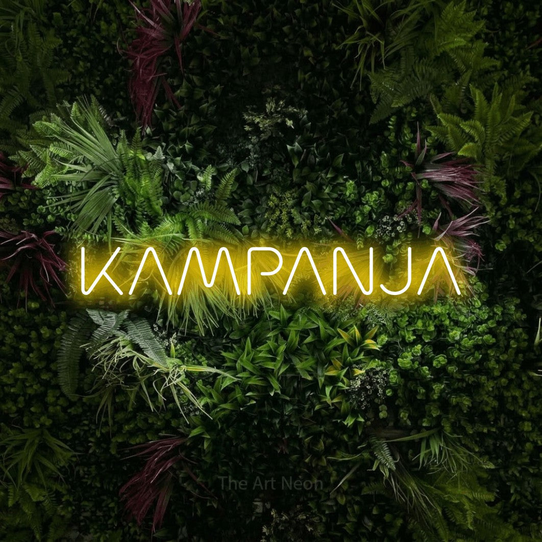 LED neon sign reading “KAMPANJA”, arranged in a single line.