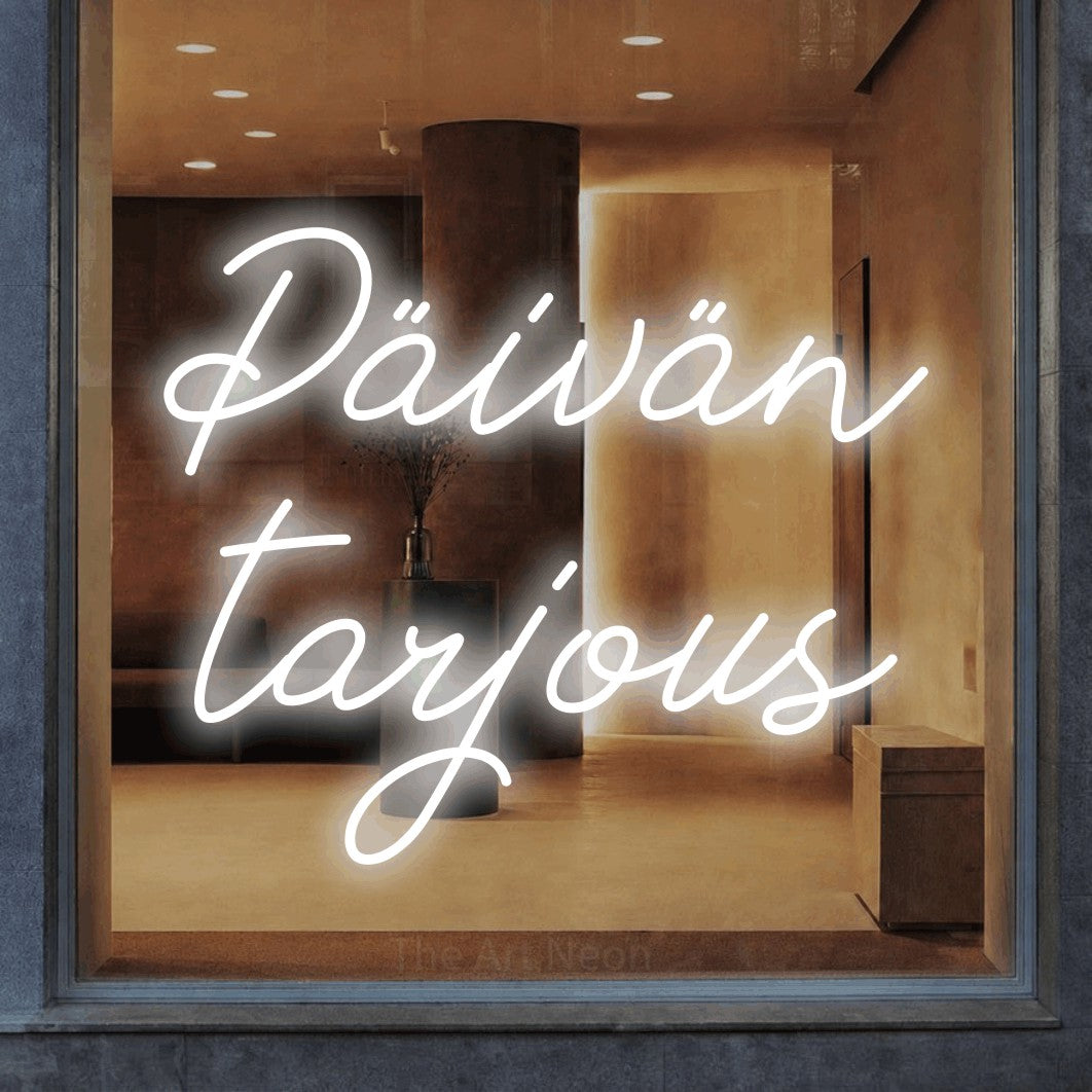LED neon sign reading “Päivän tarjous”, arranged in 2 lines.