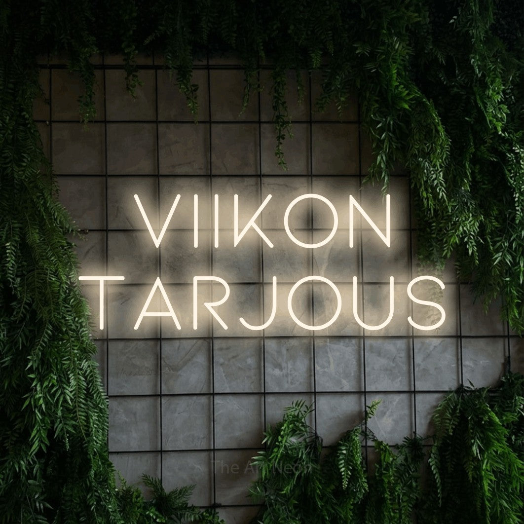 LED neon sign reading “Viikon tarjous”, arranged in 2 lines.