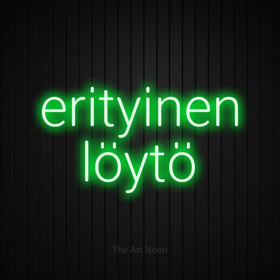 LED neon sign reading “erityinen löytö”, arranged in 2 lines.