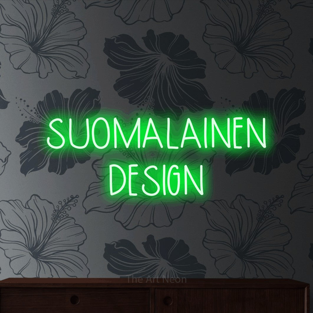 LED neon sign reading “SUOMALAINEN DESIGN”, arranged in 2 lines.