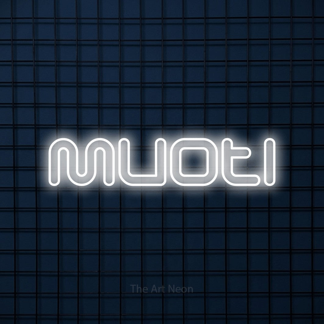 LED neon sign reading “Muoti”, arranged in a single line.