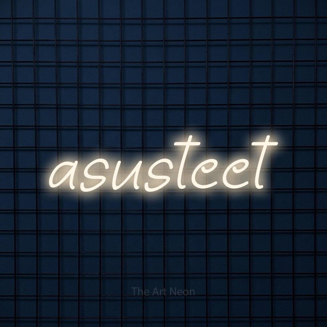 LED neon sign reading “asusteet”, arranged in a single line.