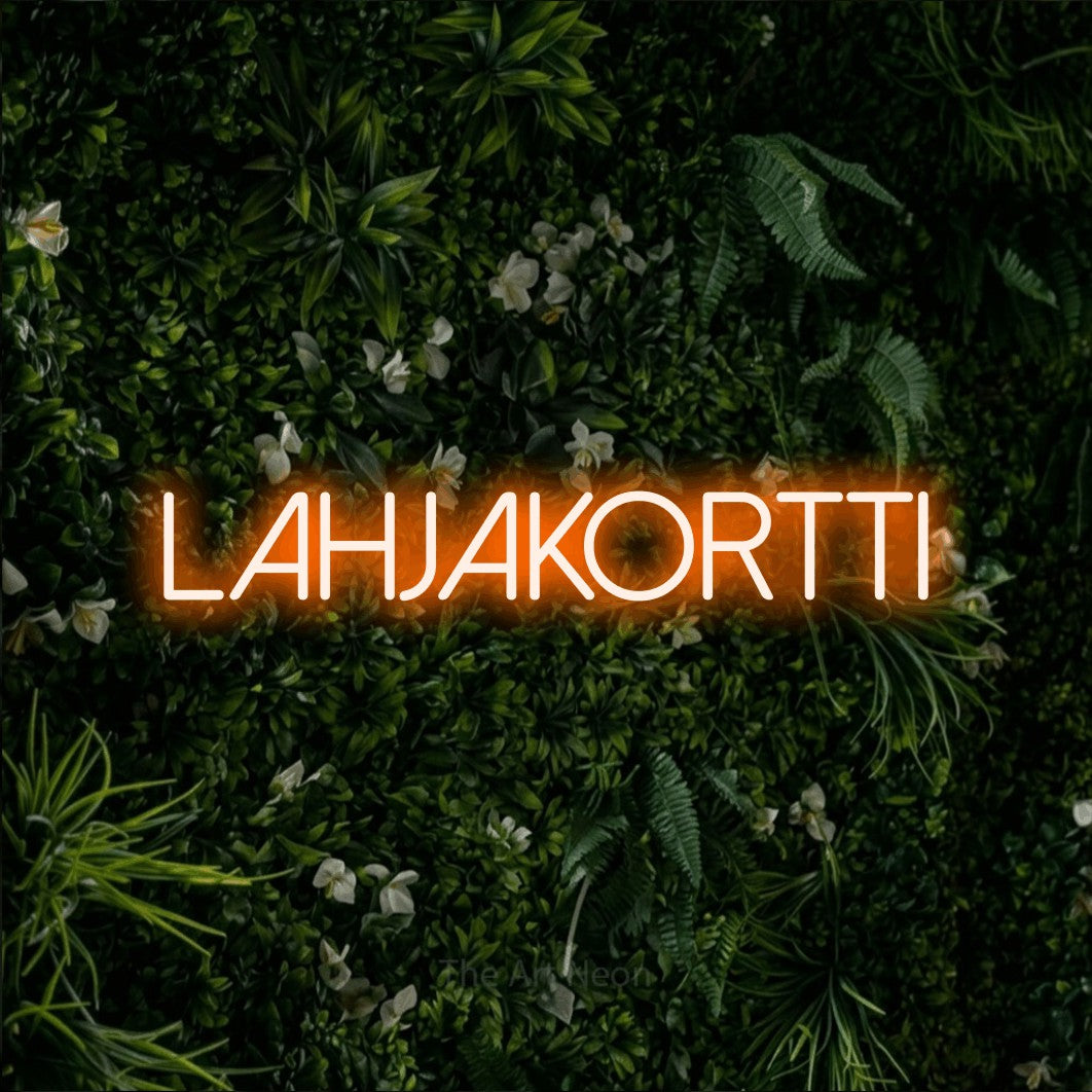 LED neon sign reading “LAHJAKORTTI”, arranged in a single line.