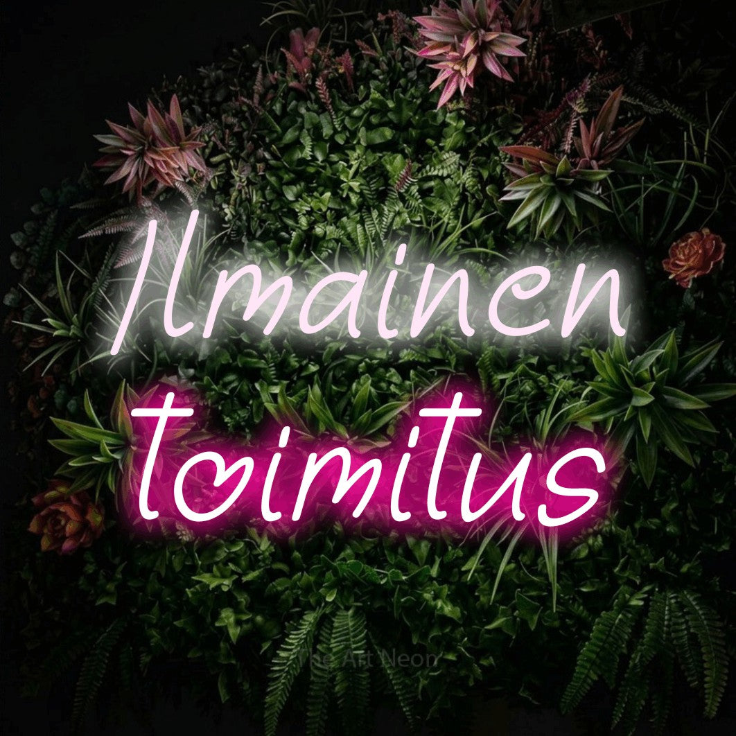 LED neon sign reading “Ilmainen toimitus”, arranged in 2 lines.