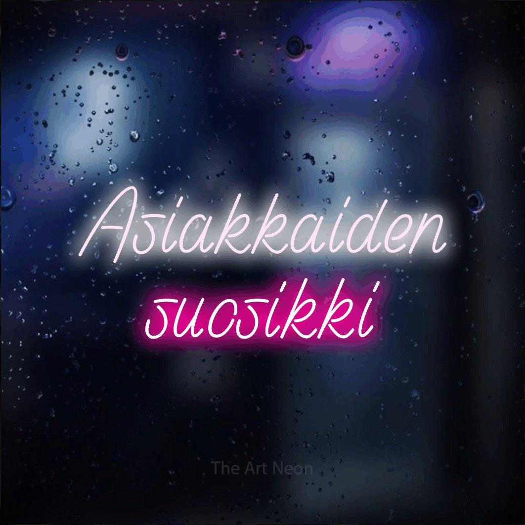 LED neon sign reading “Asiakkaiden suosikki”, arranged in 2 lines.