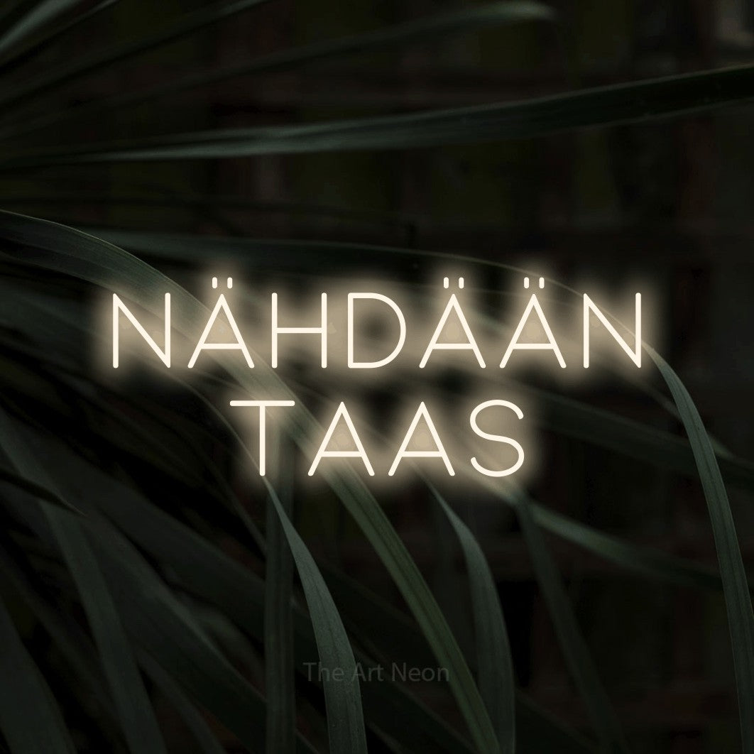 LED neon sign reading “NÄHDÄÄN TAAS”, arranged in 2 lines.