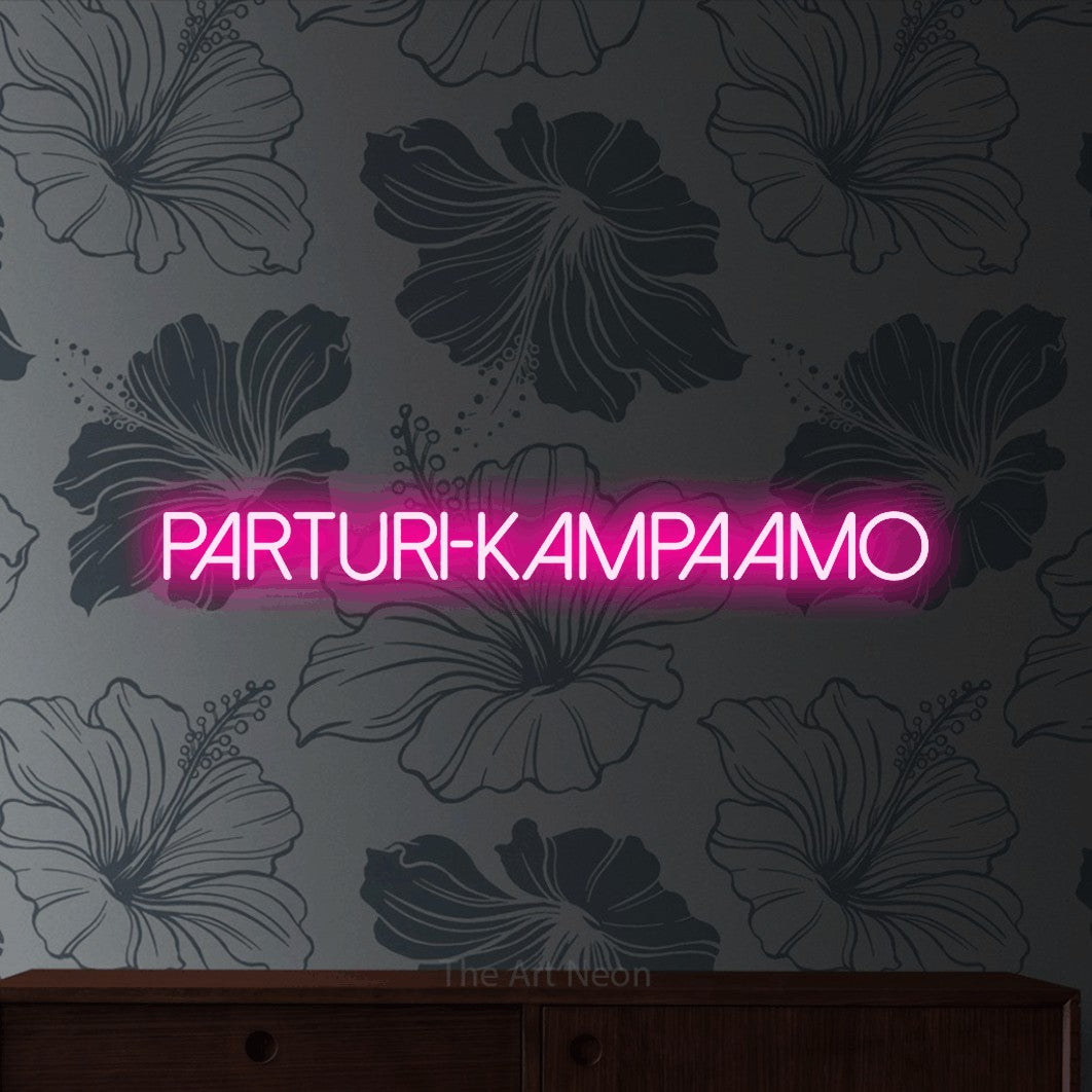 LED neon sign reading “PARTURI-KAMPAAMO”, arranged in a single line.