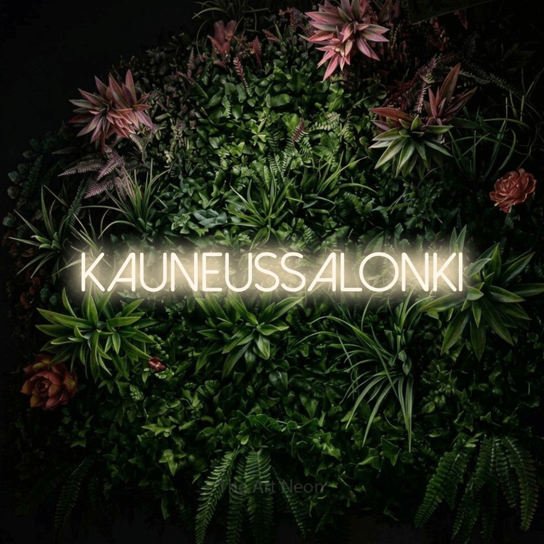 LED neon sign reading “Kauneussalonki”, arranged in a single line.