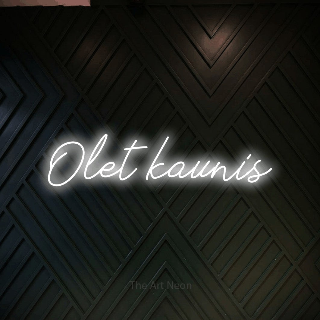 LED neon sign reading “Olet kaunis”, arranged in a single line.