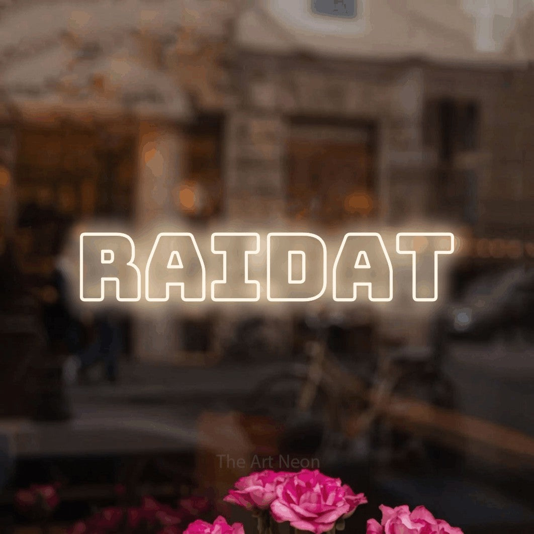 LED neon sign reading “Raidat”, arranged in a single line.