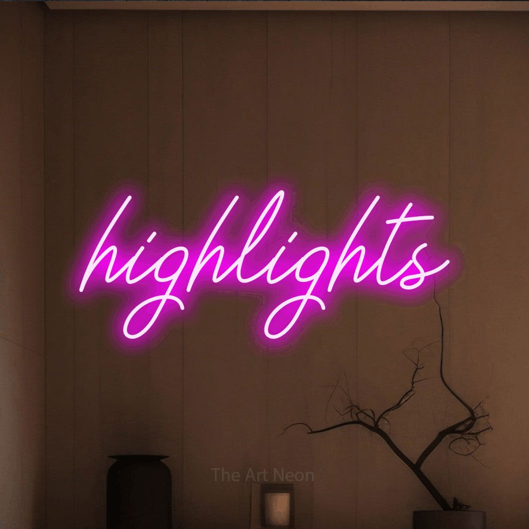 LED neon sign reading “highlights”, arranged in a single line.