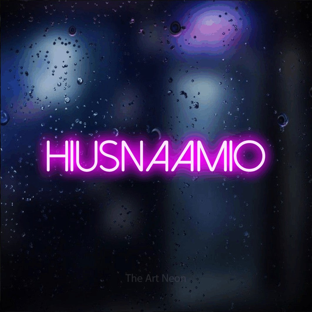 LED neon sign reading “HIUSNAAMIO”, arranged in a single line.