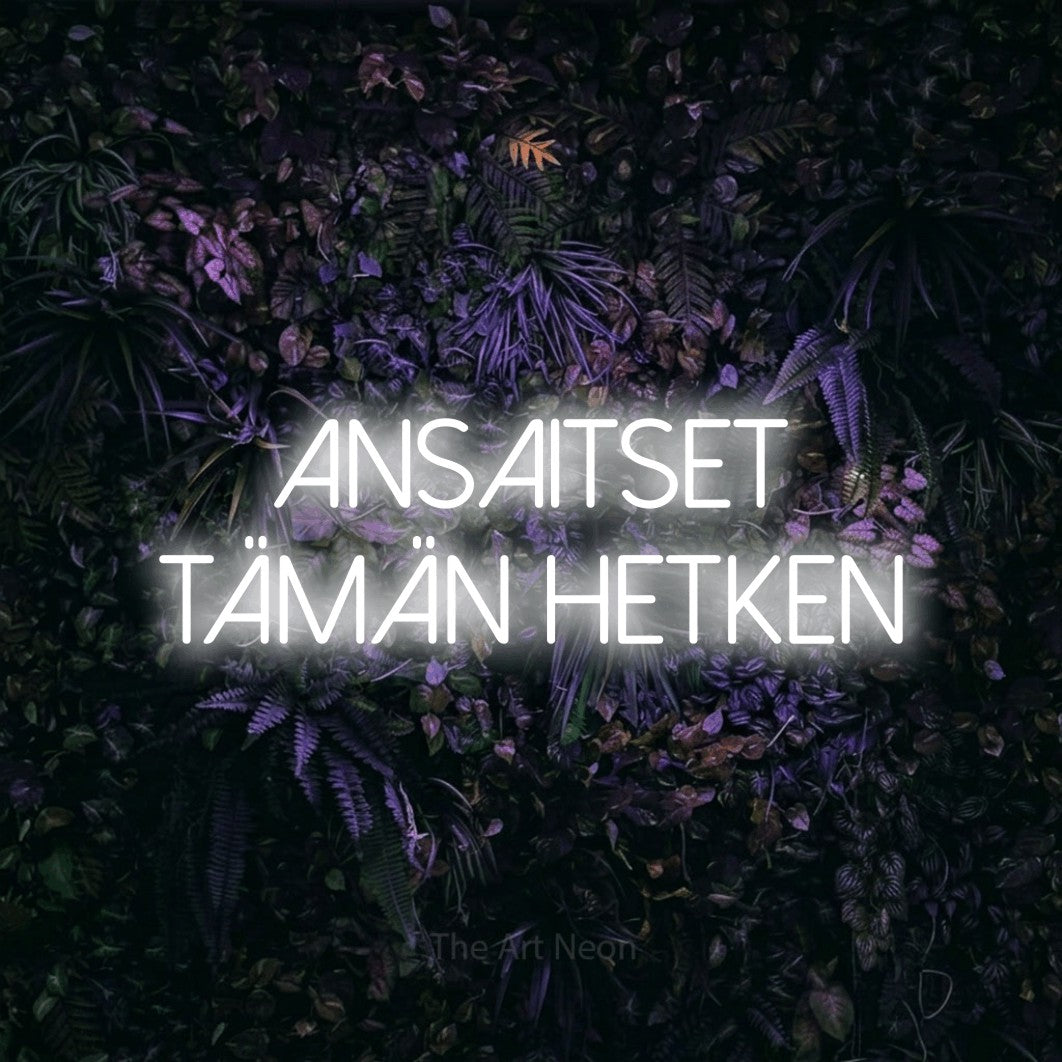 LED neon sign reading “Ansaitset tämän hetken”, arranged in 2 lines.