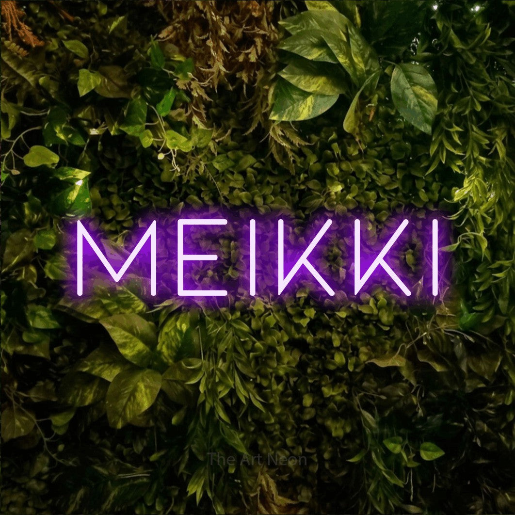 LED neon sign reading “Meikki”, arranged in a single line.