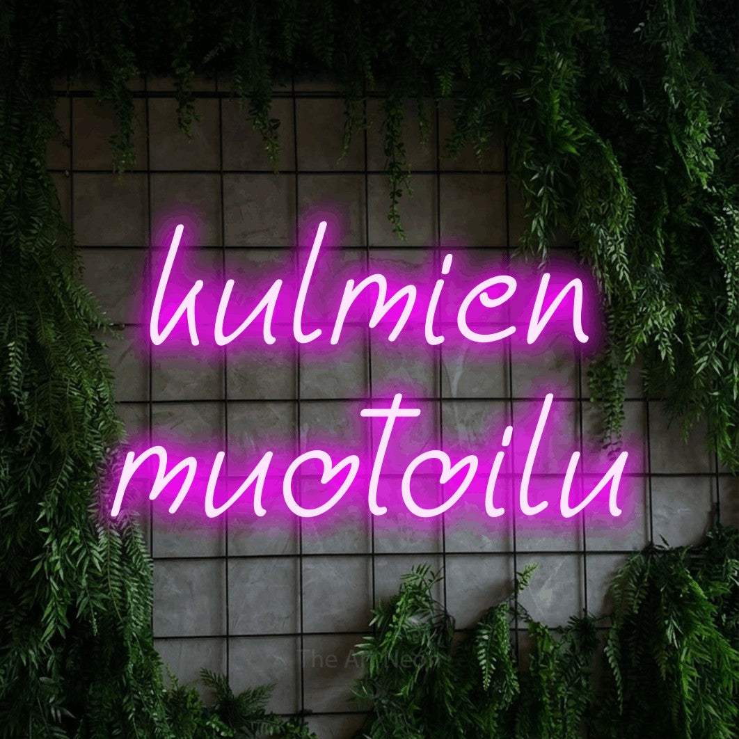 LED neon sign reading “kulmien muotoilu”, arranged in 2 lines.