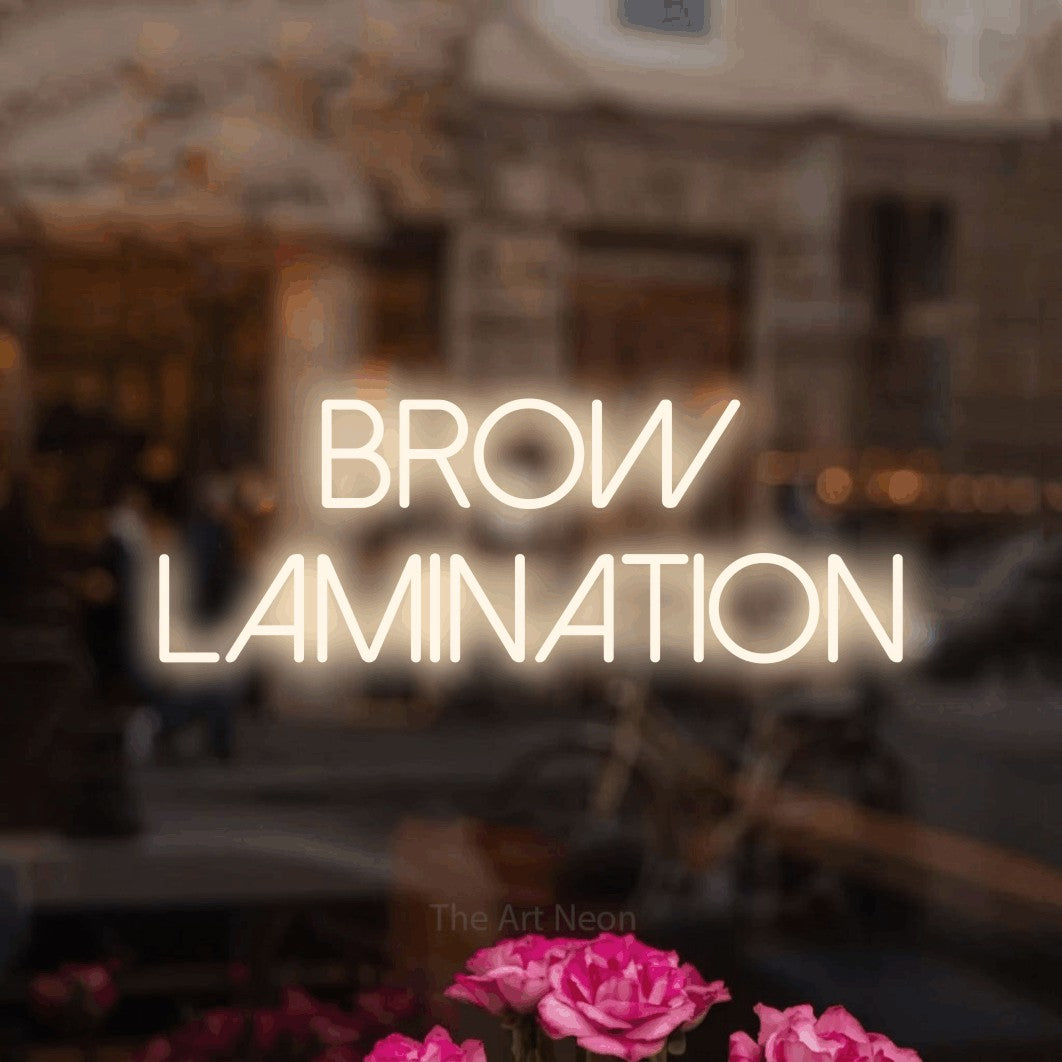 LED neon sign reading “Brow lamination”, arranged in 2 lines.