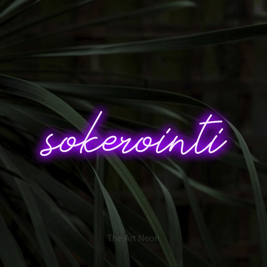 LED neon sign reading “sokerointi”, arranged in a single line.