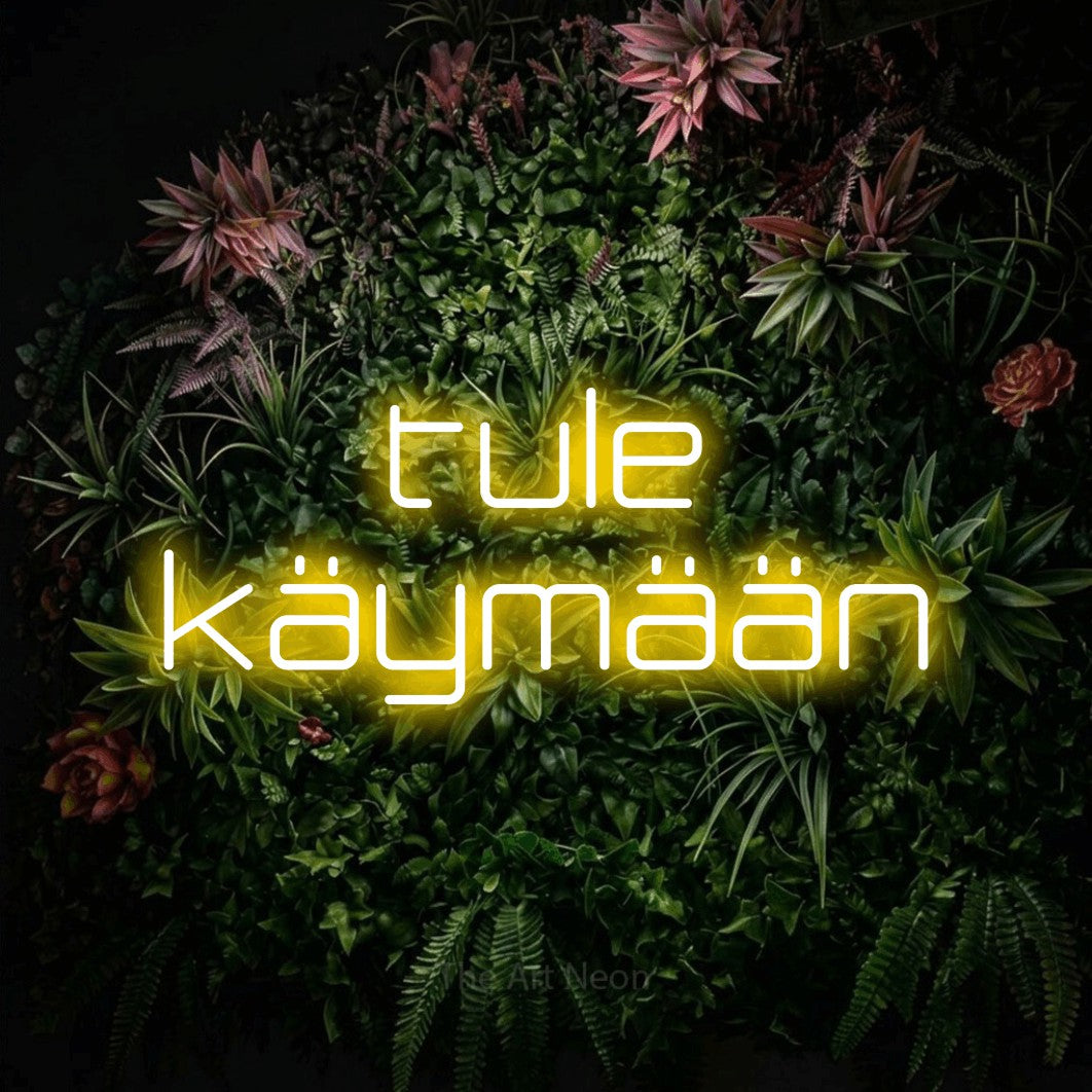 LED neon sign reading “tule käymään”, arranged in 2 lines.
