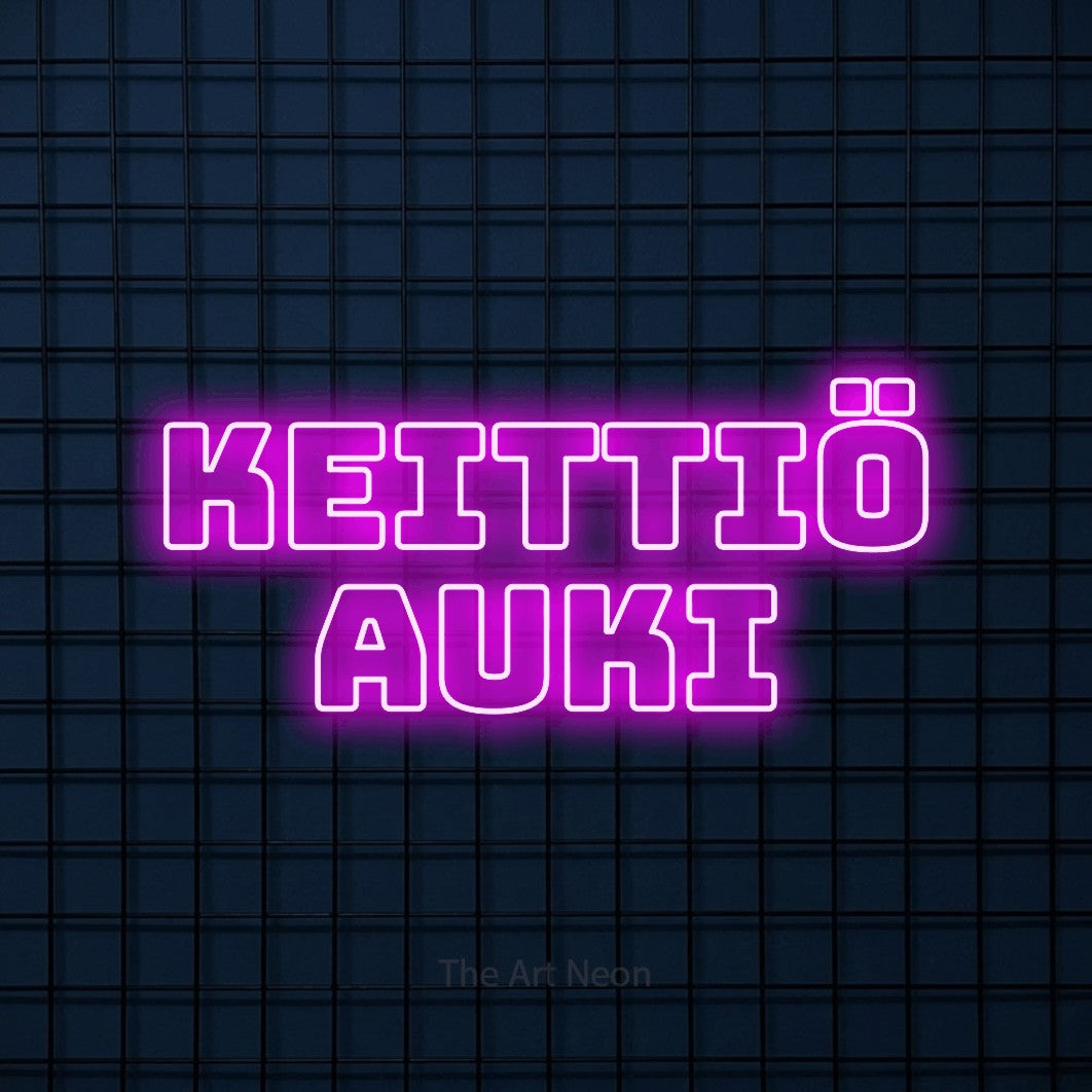 LED neon sign reading “Keittiö auki”, arranged in 2 lines.