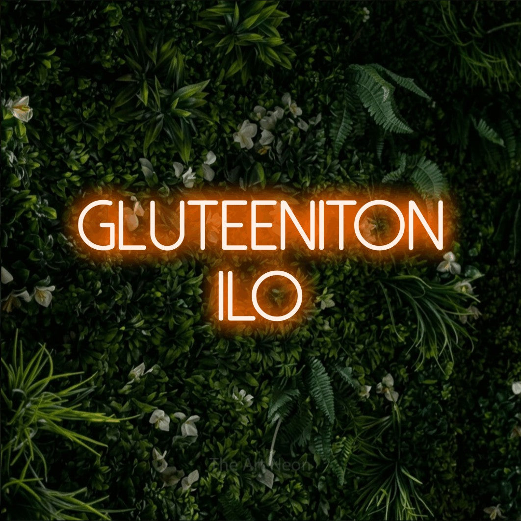 LED neon sign reading “GLUTEENITON ILO”, arranged in 2 lines.
