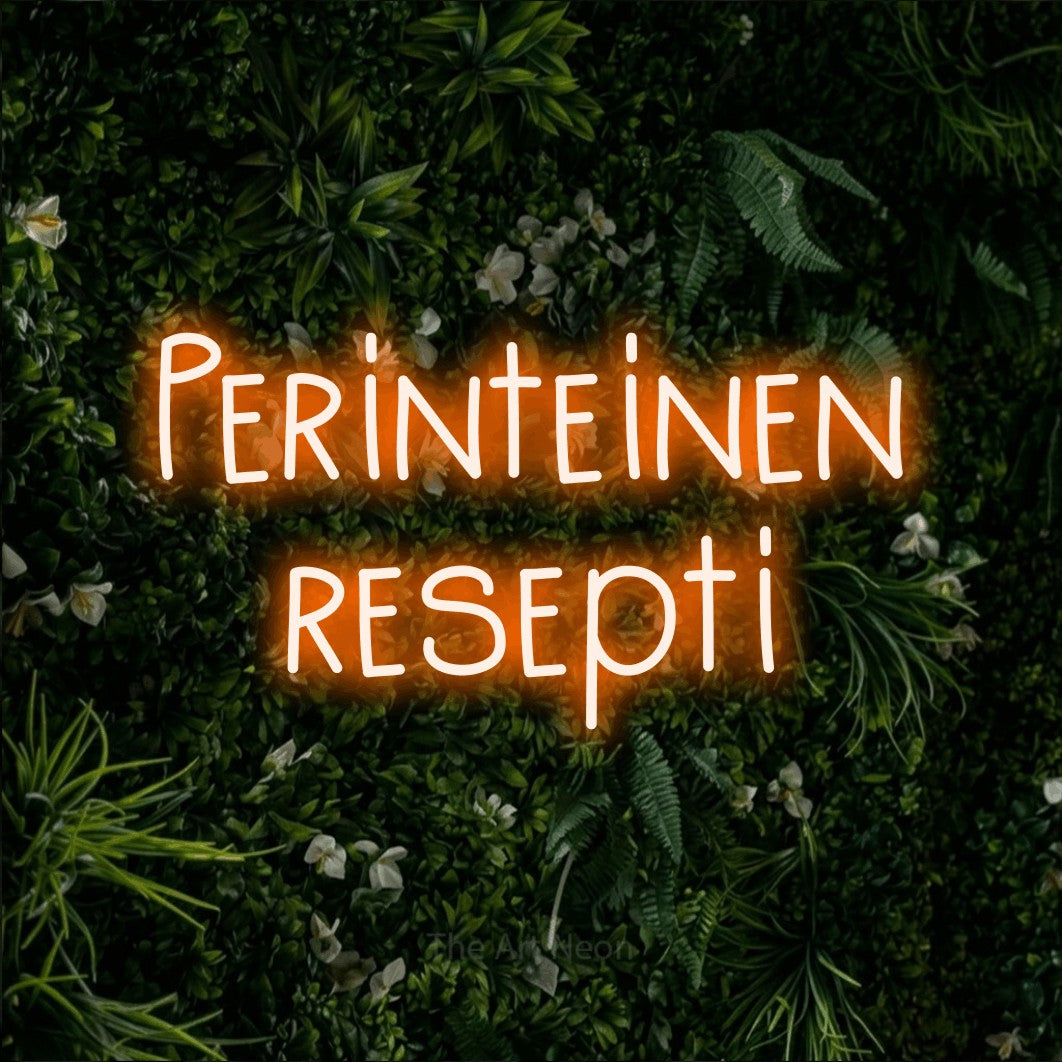 LED neon sign reading “Perinteinen resepti”, arranged in 2 lines.