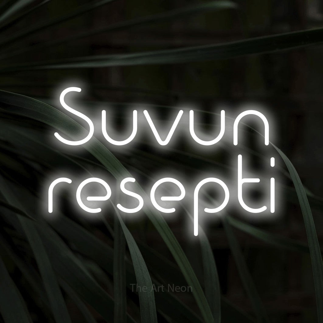 LED neon sign reading “Suvun resepti”, arranged in 2 lines.