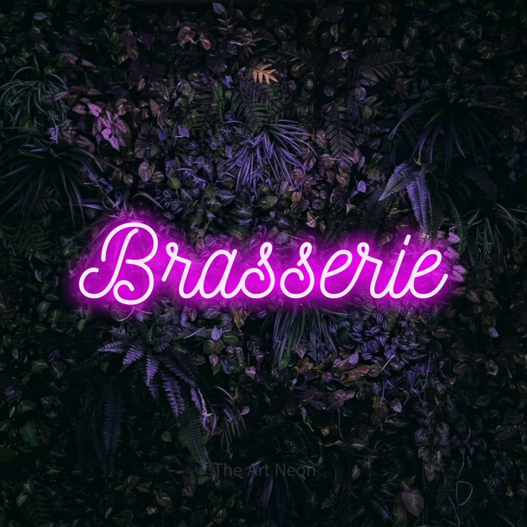 LED neon sign reading “Brasserie”, arranged in a single line.