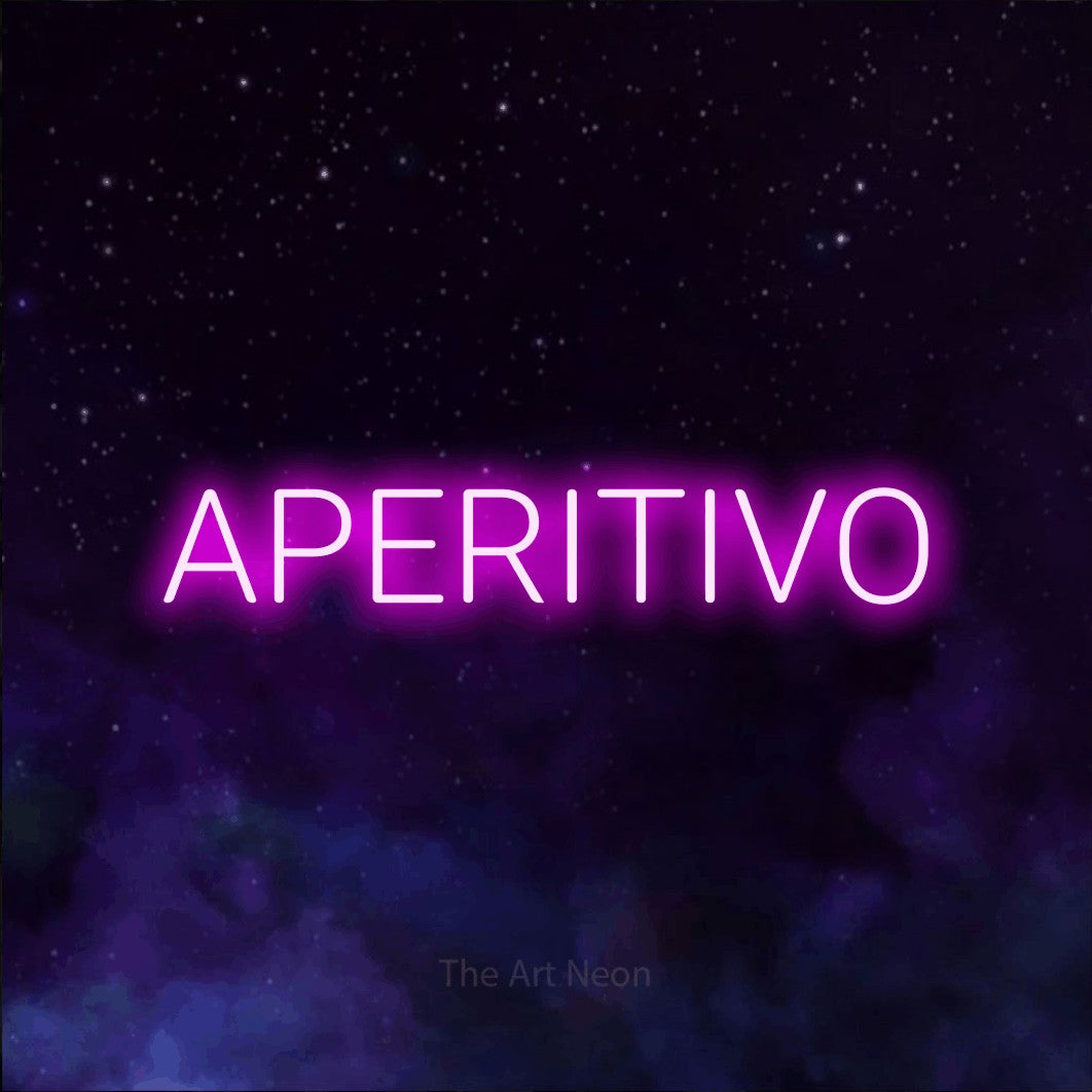 LED neon sign reading “APERITIVO”, arranged in a single line.