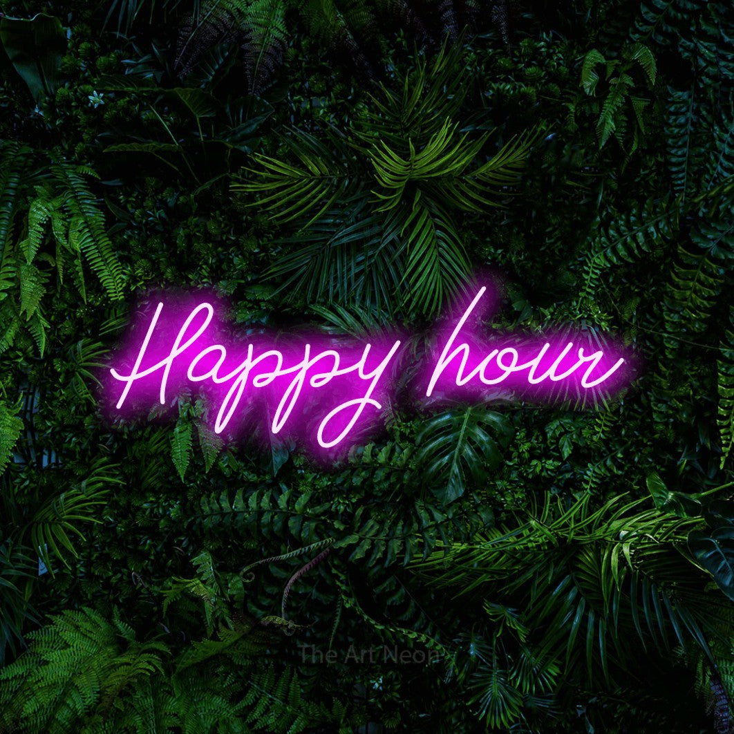 LED neon sign reading “Happy hour”, arranged in a single line.