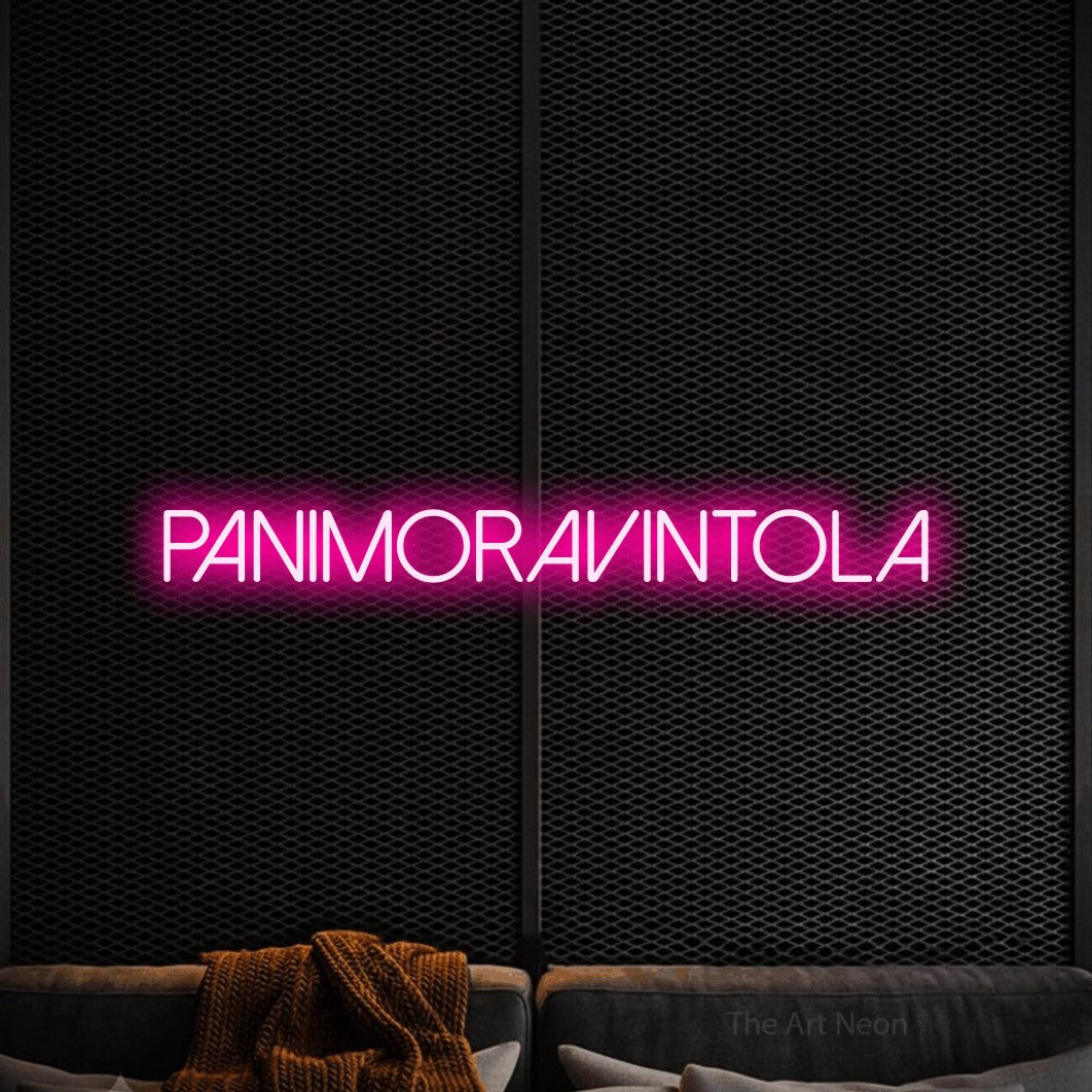 LED neon sign reading “PANIMORAVINTOLA”, arranged in a single line.