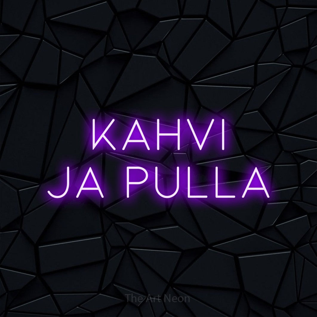 LED neon sign reading “Kahvi ja pulla”, arranged in 2 lines.