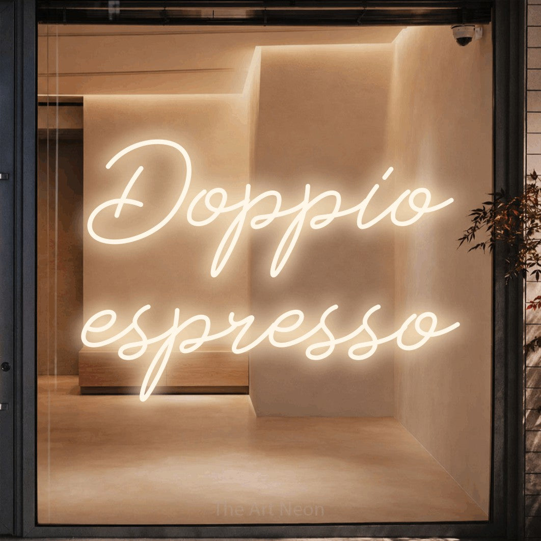 LED neon sign reading “Doppio espresso”, arranged in 2 lines.