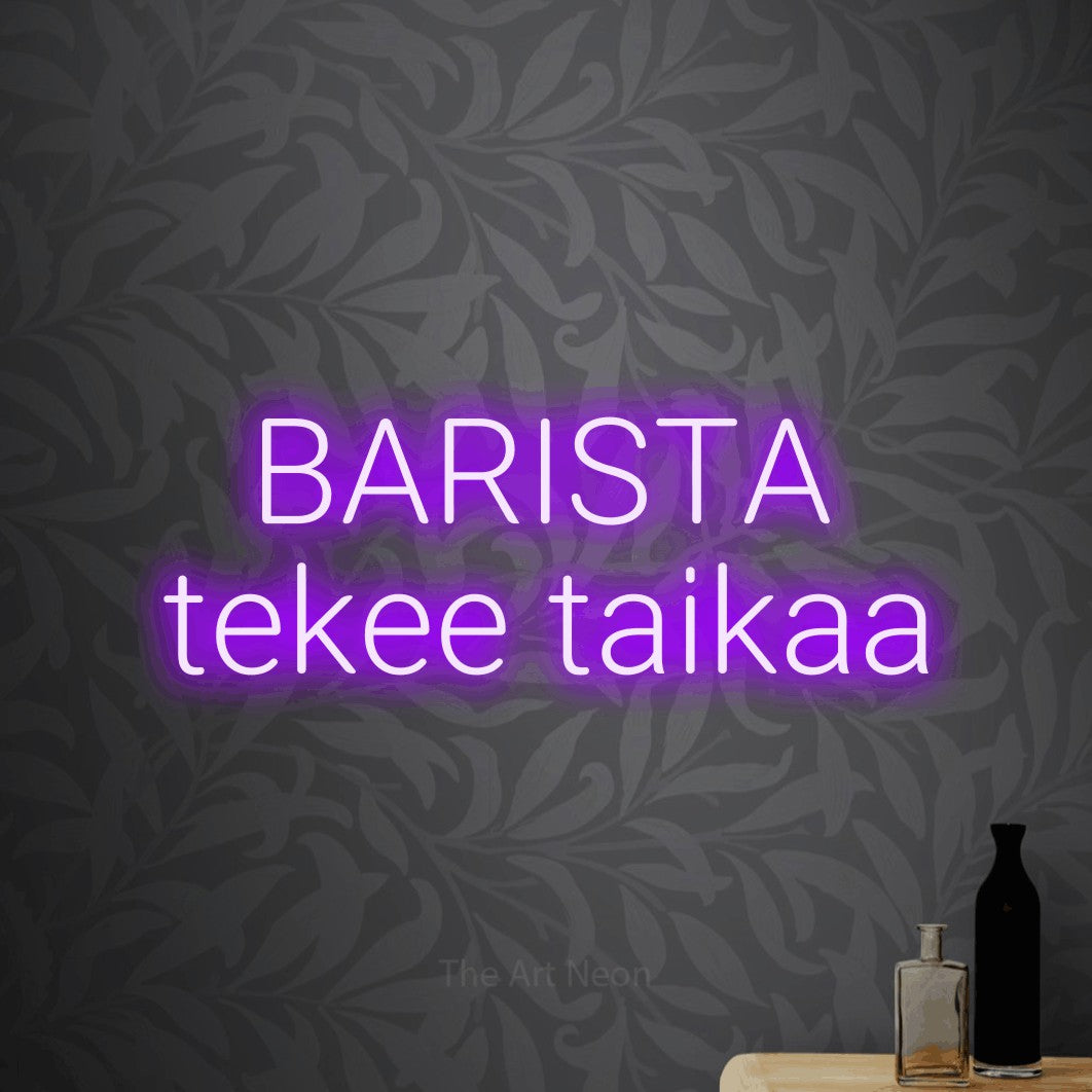 LED neon sign reading “BARISTA tekee taikaa”, arranged in 2 lines.