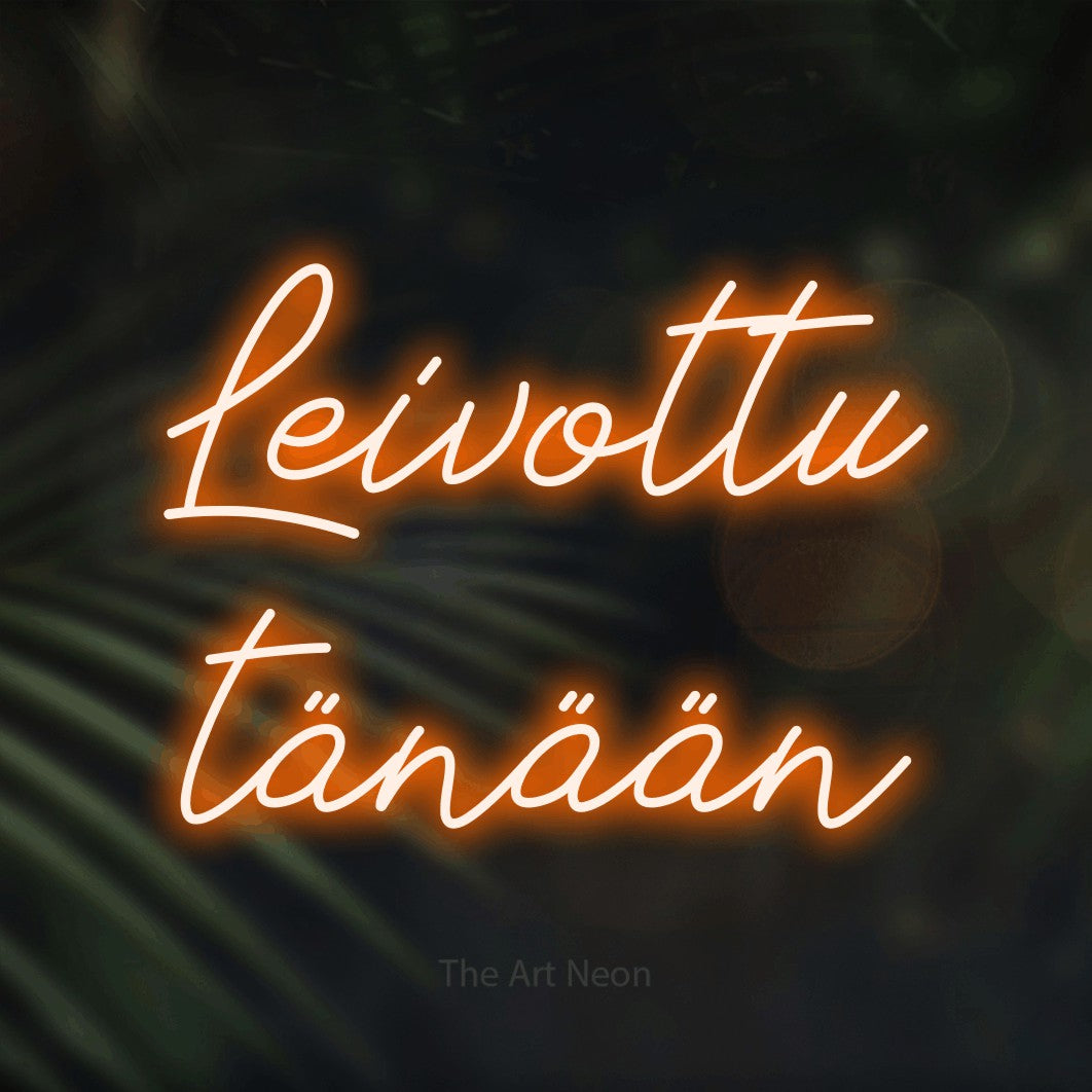 LED neon sign reading “Leivottu tänään”, arranged in 2 lines.