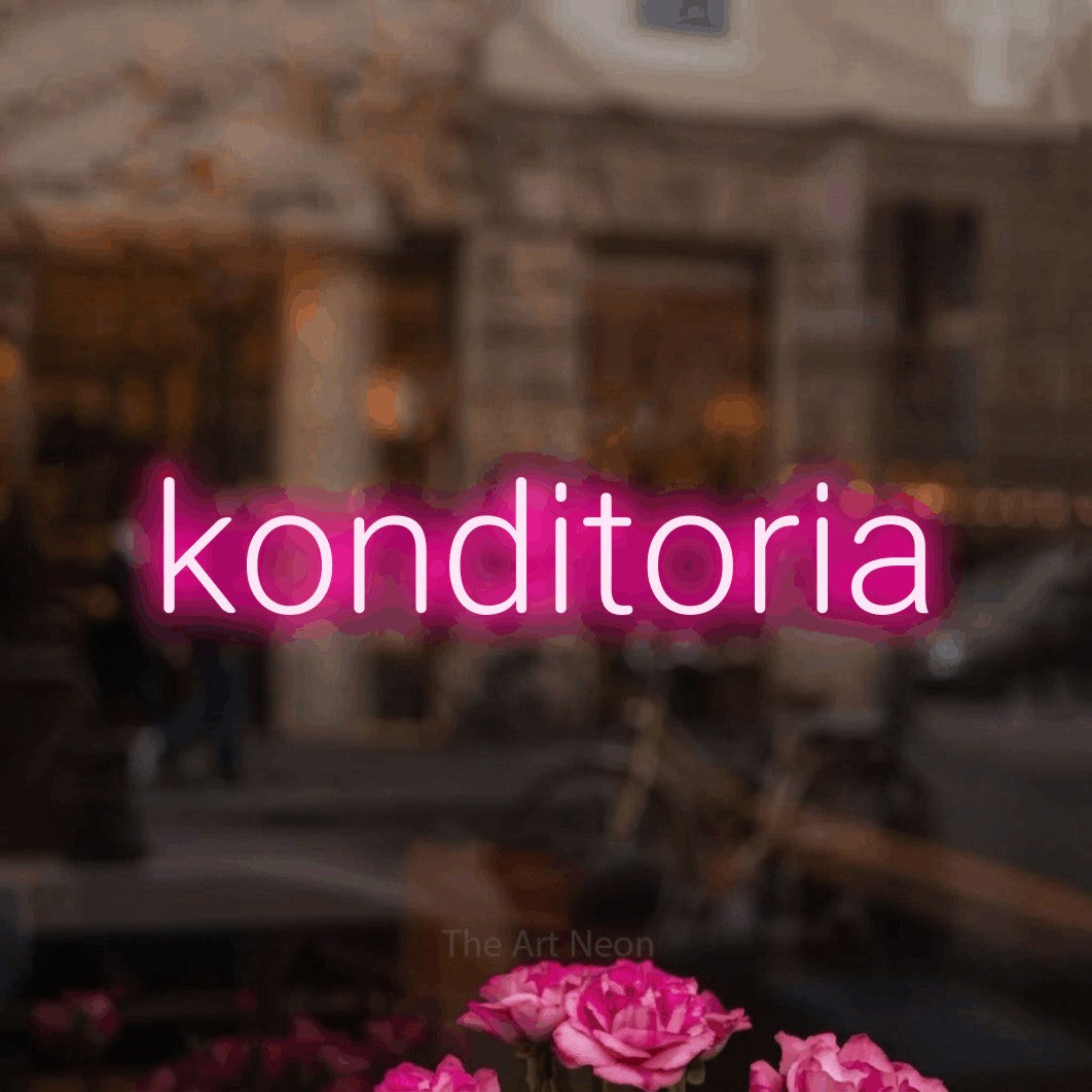 LED neon sign reading “konditoria”, arranged in a single line.