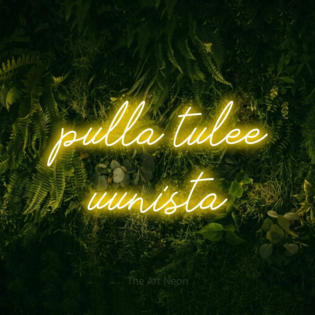 LED neon sign reading “pulla tulee uunista”, arranged in 2 lines.
