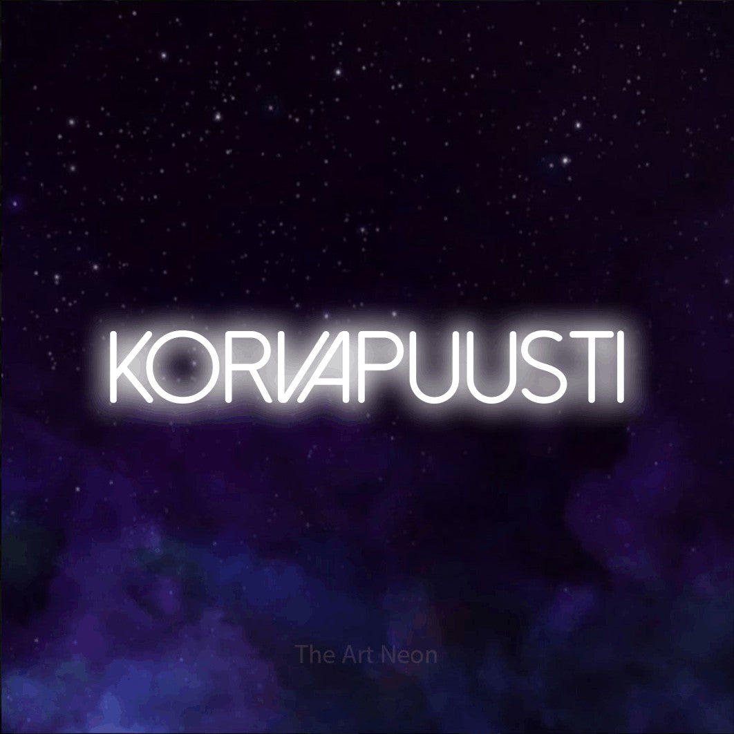 LED neon sign reading “korvapuusti”, arranged in a single line.