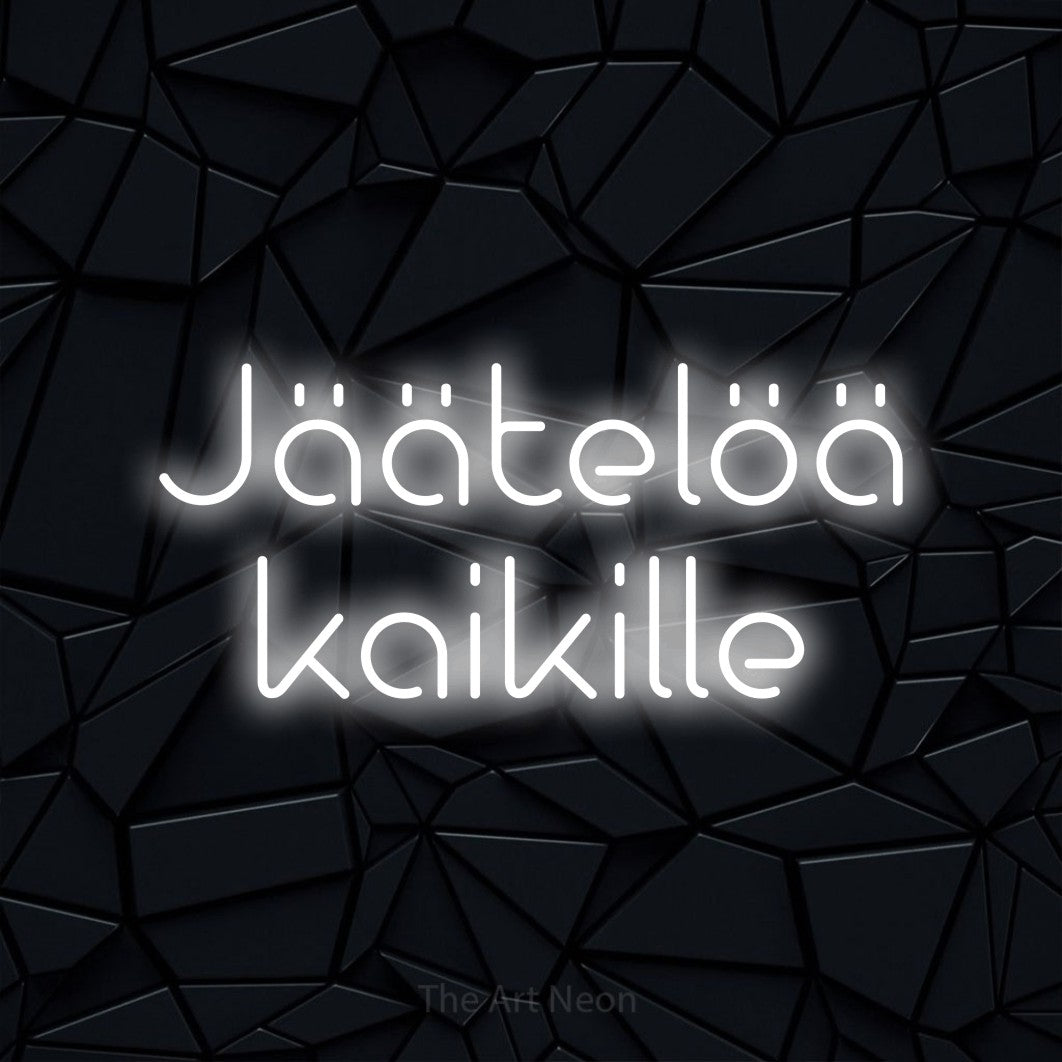 LED neon sign reading “Jäätelöä kaikille”, arranged in 2 lines.